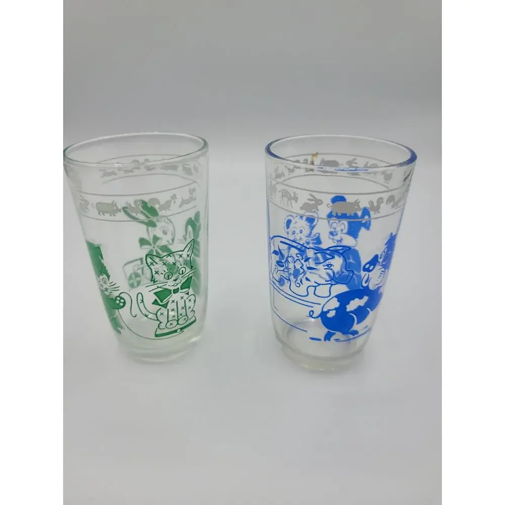 Vintage Childrens Kids Juice Glasses Blue Green Bears Bunnies‎ (2)